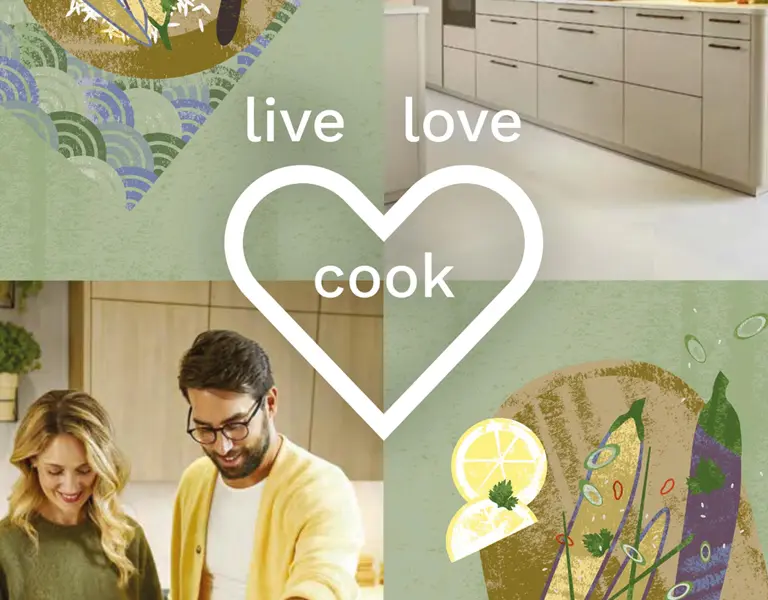 Bunt gestaltetes Cover mit gelbem Hintergrund, zwei lachende Frauen beim gemeinsamen Kochen sowie grafischen Food-Illustrationen und dem Schriftzug live love cook